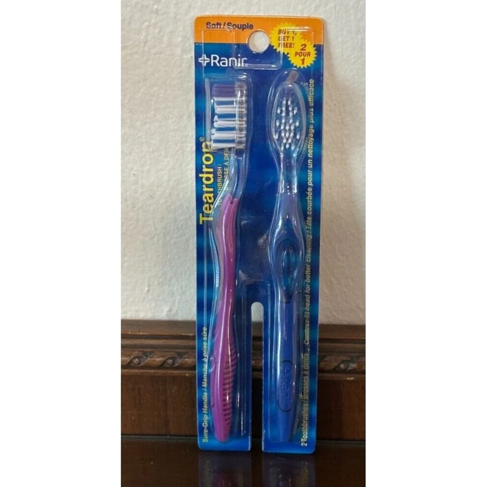 NOS Ranir Toothbrushes Teardrop Sure Grip Handle Soft Bristle Purple & Blue